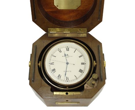Good Baume &amp; Mercier of Geneve Quartz marine chronometer, the&nbsp;3.5" cream dial within a square brass bound mahogany c