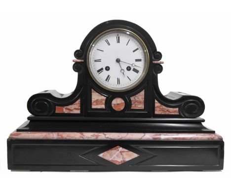 French black slate and orange veined marble two train mantel clock striking on a bell, the 4.5" white dial within a fluted pi