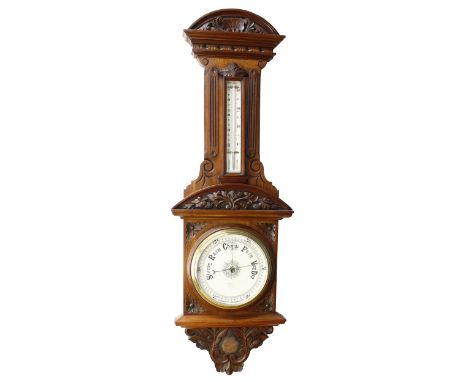 Mahogany aneroid barometer/thermometer, the 8" cream dial signed Hague, Optician, Bath, within a foliate carved case surmount