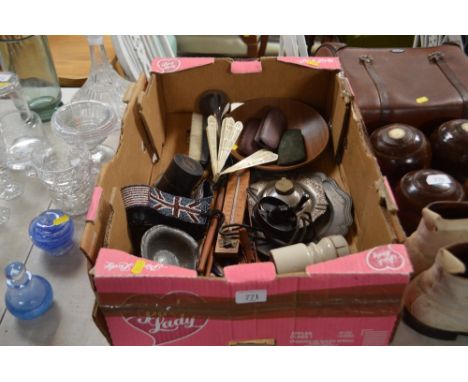 A box containing an ink well; pewter dish; thermometer; glasses etc