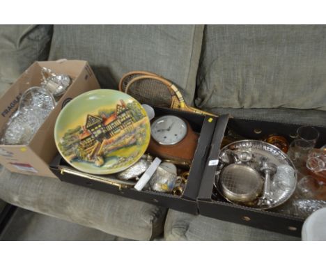 Three boxes of various sundry glass and china; a three hole oak cased mantel clock etc.