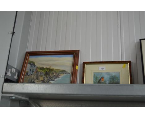 A pencil signed oil study of a robin; together with an oil on board study of a shoreline