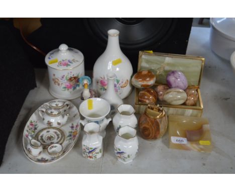 A quantity of Aynsley dressing table items; together with an onyx box and contents of various eggs, ash tray and table lighte