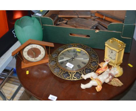 A wall clock and with two mantel clocks; together with a green glass vase etc.