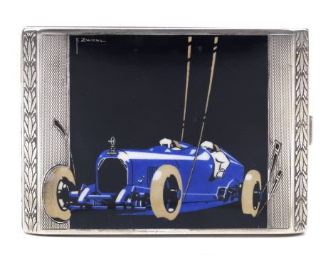 An Austro-Daimler cigarette case by F. Zwickl, Austrian, 1931,magnificent Sterling silver and enamel cigarette case depicting
