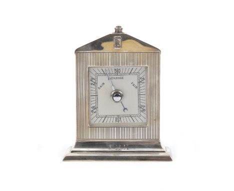 A Rolls-Royce desk-set Christmas gift for 1933, sterling silver barometer by Saunders &amp; Shepherd,square dial, mounted wit