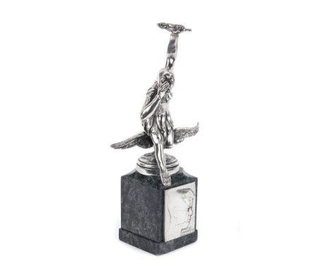 A 'Folie de la Vitesse' ('Speed Fool') mascot by Pierre de Soete, Belgian, 1921-1922,signed to base, nickelled bronze mascot 