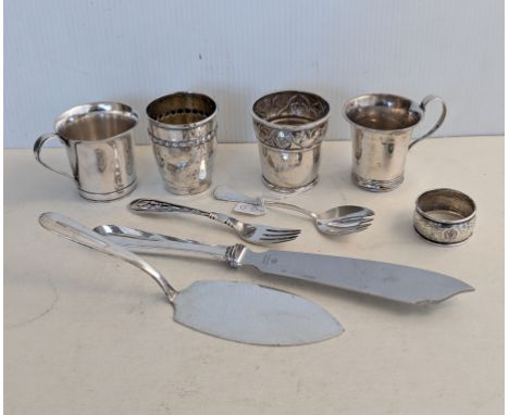 Four Danish silver beakers, a Georg Jensen silver fork, pattern 42 with pierced handle, 14.5 cm, import marks; a pair of Dani