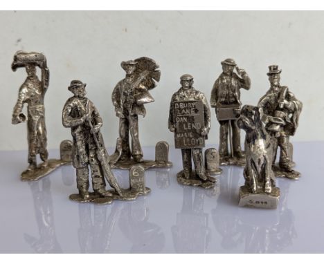 A set of six 'Cries of London' silver menu holders each modelled as a different tradesperson, hallmarked for Thomas Charles J
