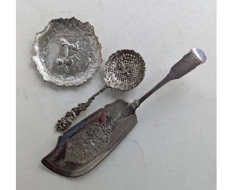 A Georgian silver punch ladle with George II coin and whalebone handle, 27.5 cm, unmarked; a Georgian silver fiddle pattern f