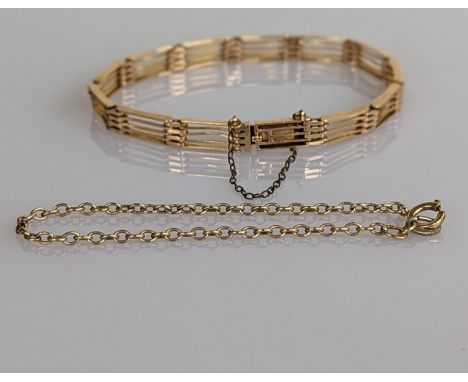 A rose gold gate-link bracelet with safety chain, stamped 15c, 14g and another small 9ct gold bracelet, 15 cm, hallmarked, 1.