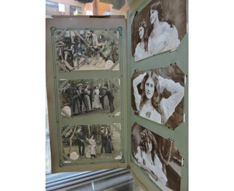 A large Edwardian postcard album, 400 cards approx, mostly pre 1910, some later. Glamour, artists, actresses and comic noted