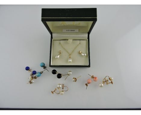 A pair of pearl and yellow metal ear studs, together with a selection of similar hardstone studs and a pearl suite of pendant