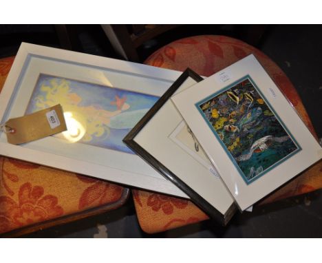 Lucy Davies (Contemporary British) coloured print of a mermaid 42 x 13cm together with a small print of a penguin and one oth