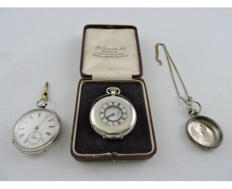 A Benson silver cased half hunter pocket watch, with retail box, the white enamel dial set out in Roman numerals incorporatin