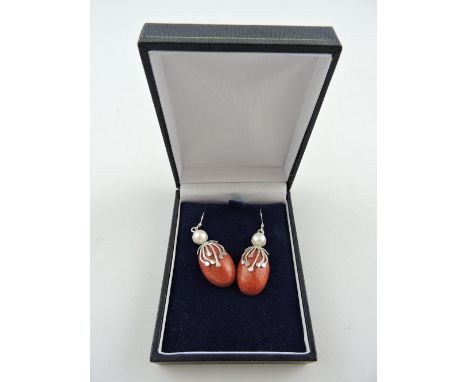 A pair of pearl and hardstone drop ear pendants, stamped 925, 9.7g.
