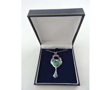 A Art Nouveau style green enamel necklace on a fine chain, stamped 925, 8g.
