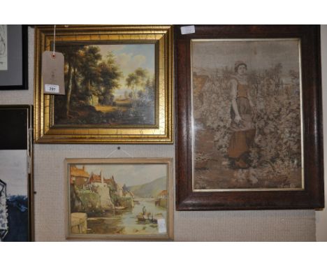 A 20th Century oil on board of a wooded lake landscape, together with a machined tapestry panel and a print 