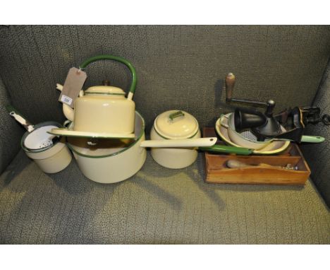 A collection of Victorian and later kitchenalia including assorted judgeware, enamel pans and kettle, a Salter mincer, a crim