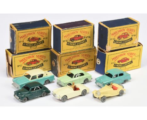 Matchbox Regular Wheels A group Of 6 - (1) 19A MG Midget Sports - Cream, silver trim, metal wheels, (2) 19B MGA Sports - Off 