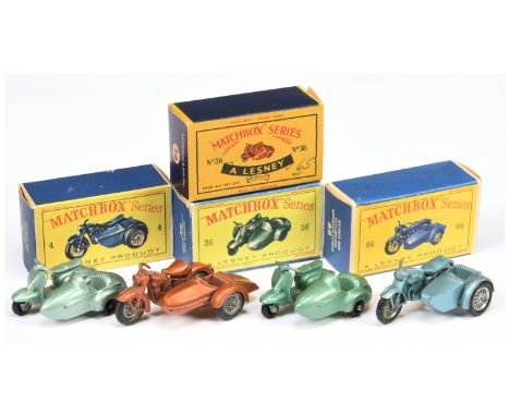 Matchbox Regular Wheels Group Of 4 - (1) 4C Triumph Motorcycle and side car - Steel Blue, (2) 36B Lambretta Motorcycle and si