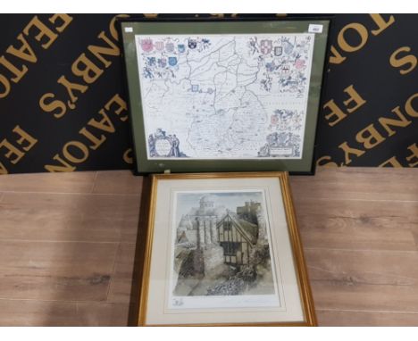 GILT FRAMED PRINT SIGNED BY ROY KIRTONI TOGETHER WITH A FRAMED MAP OF CAMBRIDGESHIRE