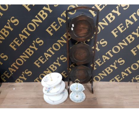MAHOGANY FOLDING CAKE STAND TOGETHER WITH AYNSLEY 2 TIER STAND PLUS 1 OTHER CERAMIC
