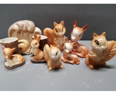 8 PIECES OF HORNSEA POTTERY SQUIRRELS AND DOE PLUS RARE FISH TROUGH