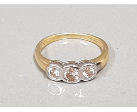 18CT GOLD THREE STONE DIAMOND RING APX .50CT 3.1G SIZE L