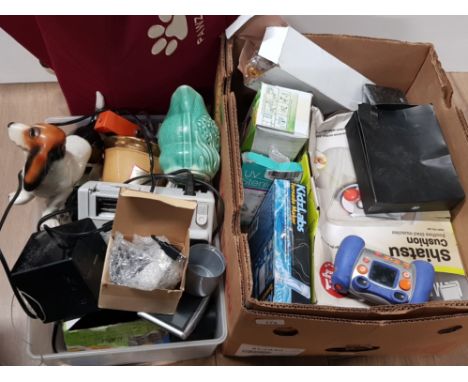 2 BOXES OF MISCELLANEOUS INCLUDING SHIATSU MASSAGE CUSHION AND BELLS DECANTER ETC