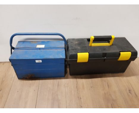 BLACK AND YELLOW TOOL BOX TOGETHER WITH BLUE TIN METAL CANTILEVER TOOLBOX