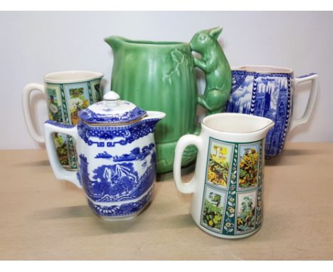 5 ITEMS INC RINGTONS CERAMIC JUGS AND A GREEN SYLVAC VASE WITH A SQUIRREL HANDLE