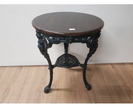VINTAGE CAST IRON BASED OAK CIRCULAR TOPPED BRITANNIA BAR TABLE
