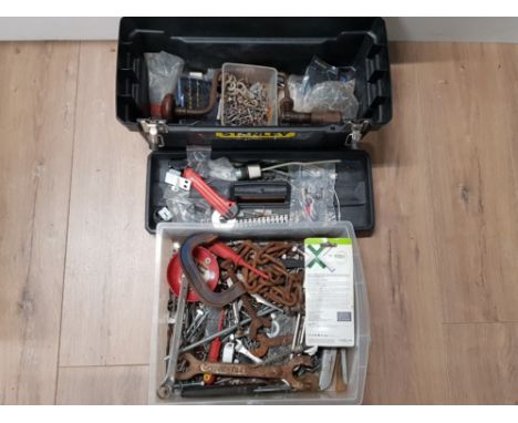 A TOOLBOX WITH CONTENT TOGETHER WITH A BOX OF ASSORTED TOOLS INC SCANNERS CLAMPS ETC
