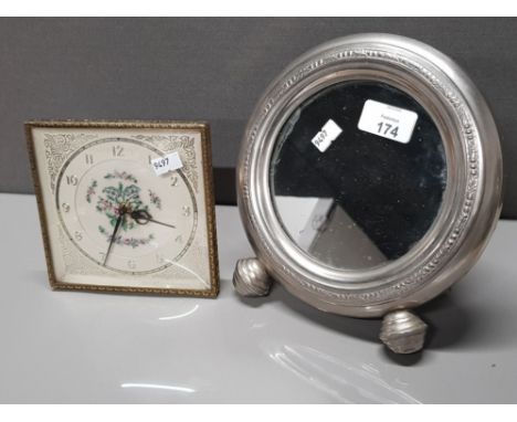 PORTHOLE DRESSING TABLE MIRROR WITH SILVER EFFECT FRAME PLUS VINTAGE GILT FRAMED CLOCK WITH TAPESTRY CLOCK FACE