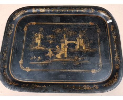 LARGE VINTAGE TIN TRAY WITH GILDED ORIENTAL STYLE DECORATION 56CM X 43CM