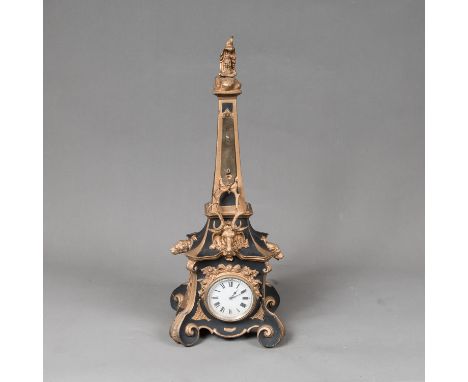 Hunting Clock, with deer and dog decorations, on top hunter, in Rococo manner. Metal mantle, gilded and ebonized, original mo