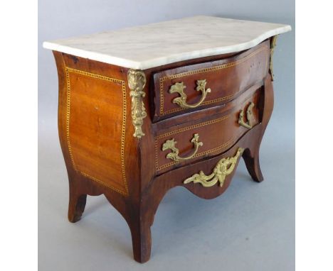 A late 19th century miniature kingwood&nbsp;petite commode; in Louis XV style, chequer-strung, gilt-metal-mounted, marble-top