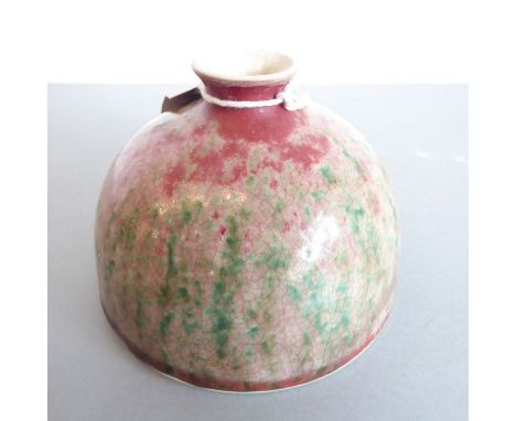Qing Dynasty - a Chinese ceramic water pot. The small, circular, waisted neck above a mottled red, green and pink glaze. Blue