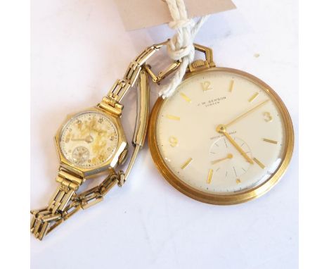 A gold-cased open-faced pocket watch signed J.W. Benson, London. Arabic numerals at the twelve, three and nine o'clock positi