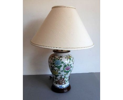 Ex. Jordans Interiors (Vancouver, Canada), a fine porcelain lamp and shade;&nbsp;baluster-shaped and&nbsp;in Chinese style,&n