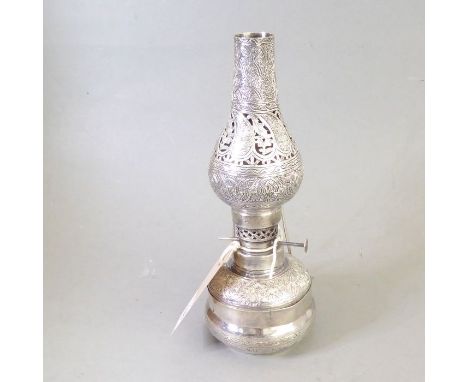 A wall hanging Egyptian silver spirit lamp and shade; the baluster-shaped pierced shade profusely and ornately decorated with