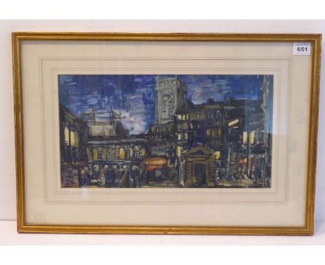 Attrib. MECHTHILD NAVIASKY (1906-1987), architectural study of a church tower at night, mixed media (8¼ x 15½  ins, 21cm x 39