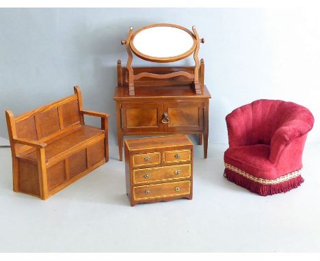 Five pieces of miniature furniture:an oak box settlea small mahogany and chequer strung caddy-topped chestan Edwardian-style 