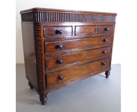 A 19th century miniature&nbsp;mahogany chest; the reeded edge top above a vertical reeded frieze and three top drawers over t