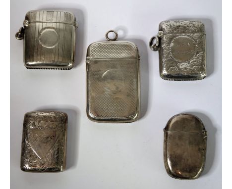 A selection of five late 19th/early 20th century hallmarked silver vesta cases to include three with suspension loops, two wi