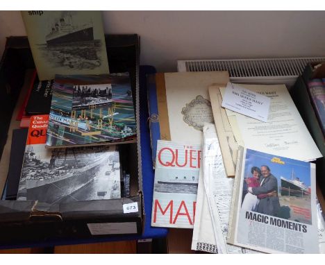 An interesting selection of RMS Queen Mary memorabilia.&nbsp;Various hardback and other volumes relating to the Cunard White 