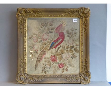 A gilt framed and glazed needlework tapestry depicting an exotic bird perched upon rose bush branches (40cm x 38cm) Provenanc