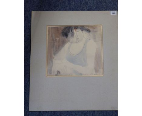 20th century English School (?), portrait of a lady wearing a blue vest, pencil and watercolour, indistinctly signed and insc