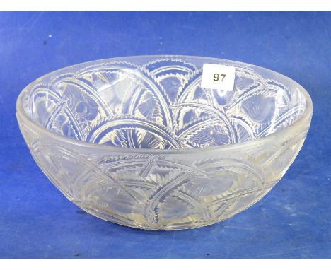 RENE LALIQUE - a frosted and clear-glass pinson pattern circular bowl; post 1945, the exterior moulded in relief with chaffin